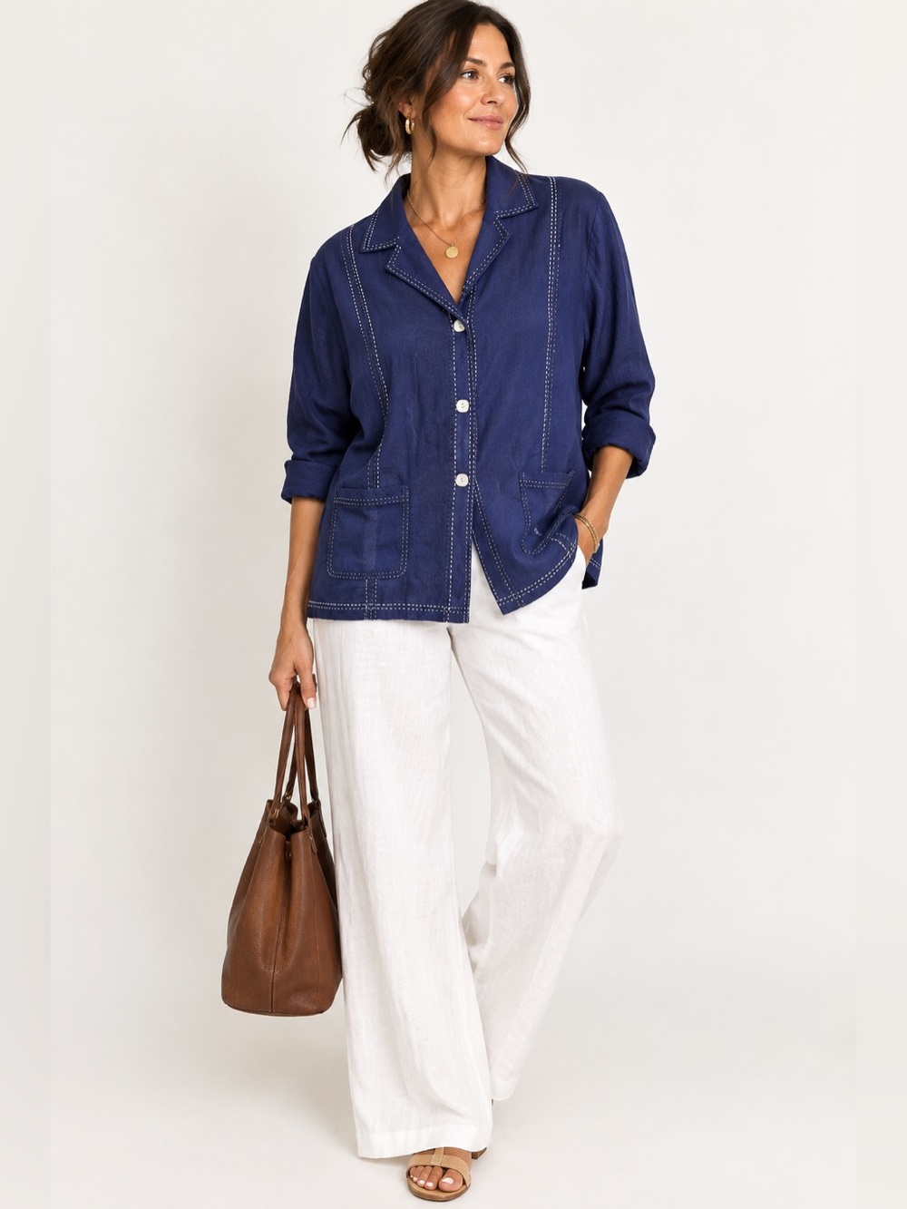 Susan Graver Linen Blend Blue White Stitch Vintage Button Front Shirt Jacket XL